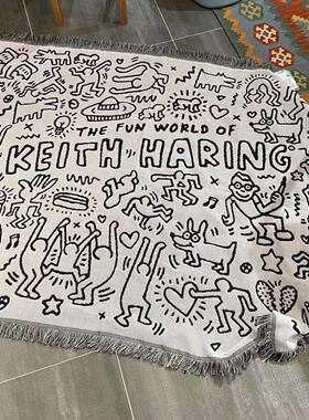凯斯哈林黑白涂鸦大师Keith haring装饰毯单人沙发盖布毛毯针织巾