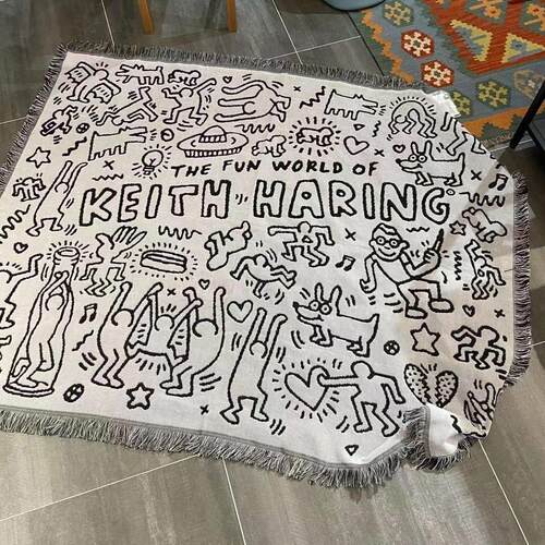凯斯哈林黑白涂鸦大师Keith haring装饰毯单人沙发盖布毛毯针织巾