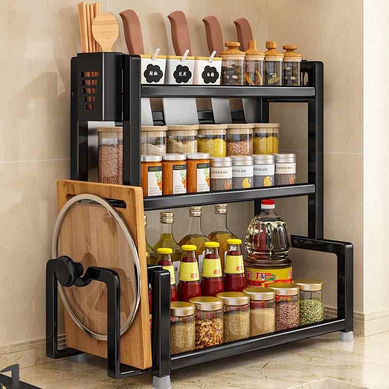 厨房灶台放东西的二层置物架台面酱油醋调料瓶酱料收纳架黑色架子