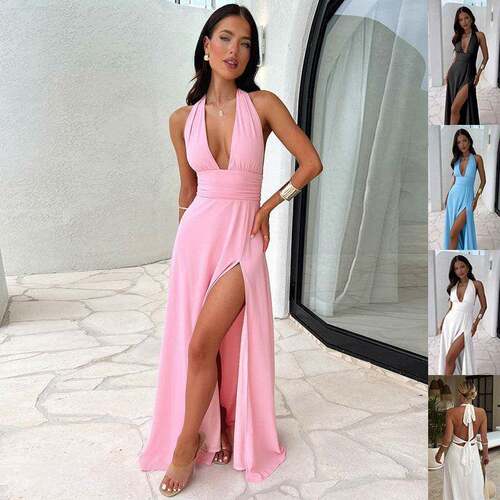 G 69900 Standing Collar V Neck Slit Long Dress 挂脖纯色连衣