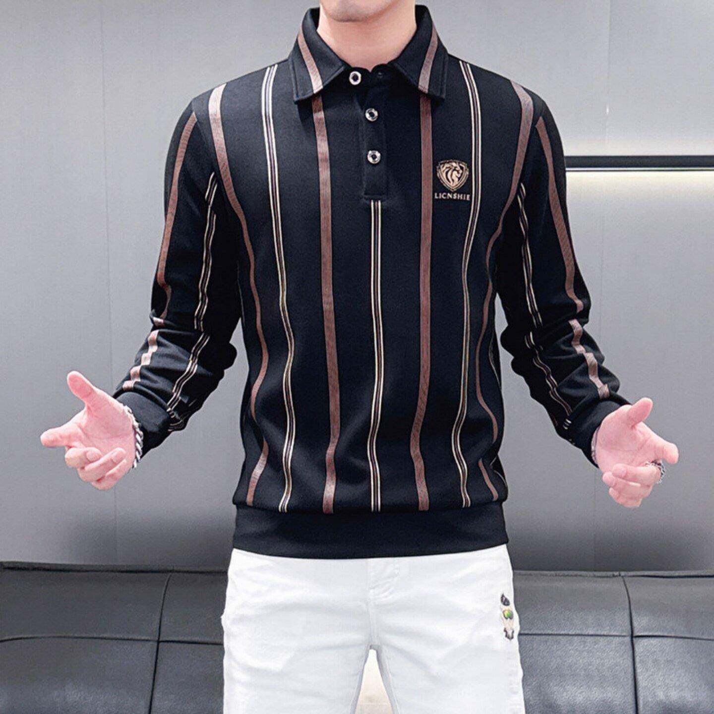 高端翻领男士长袖t恤春秋季修身潮流休闲时尚轻奢条纹男POLO衫帅