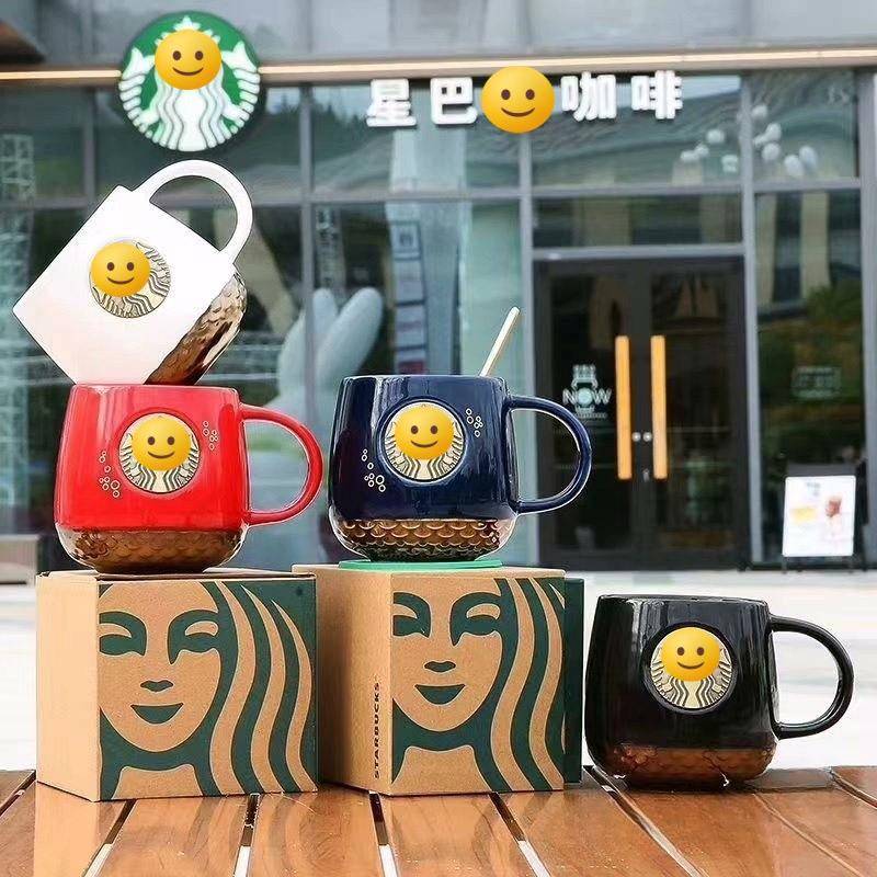 星巴系列杯子鱼鳞铜章马克杯高颜值高级感陶瓷咖啡水杯礼