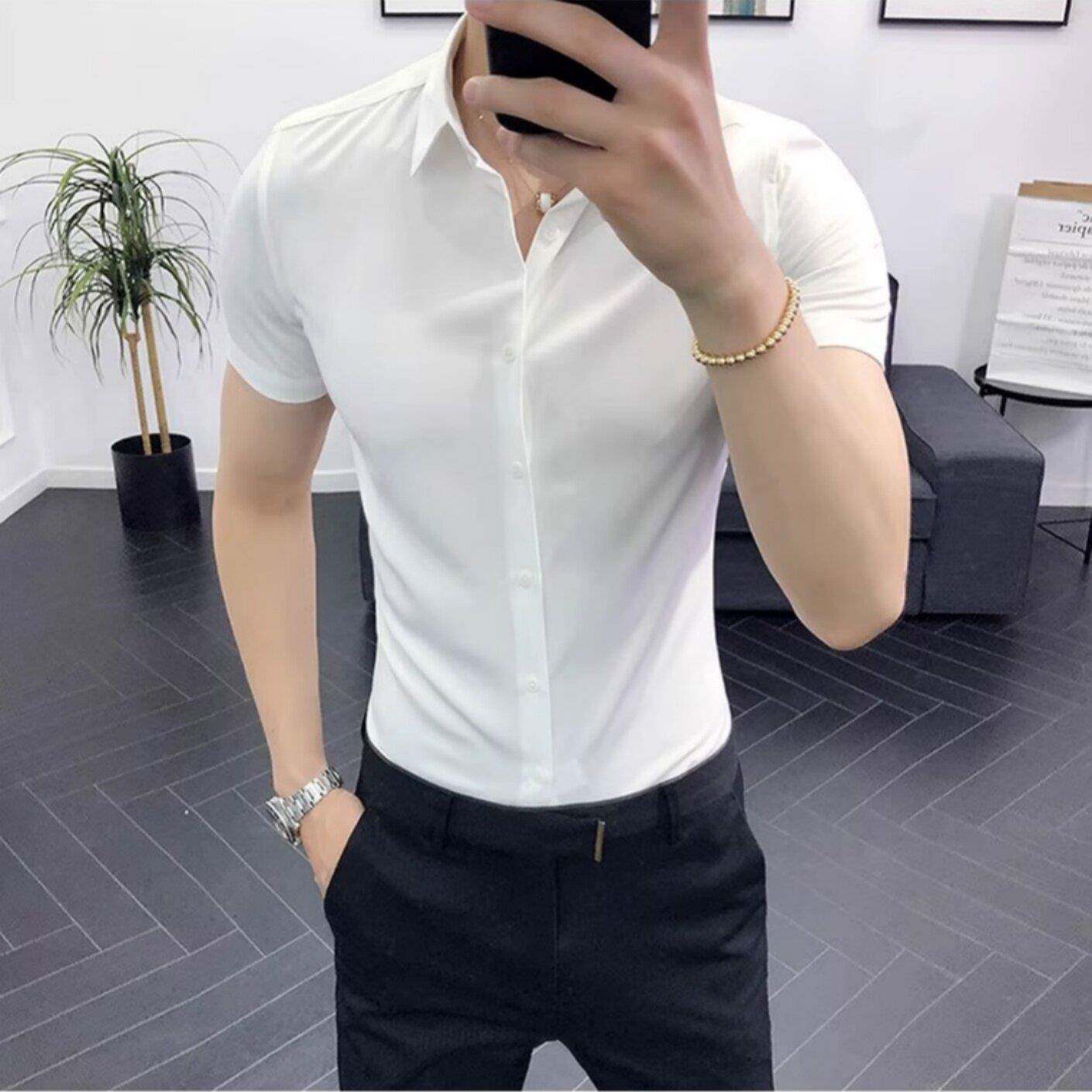 高级感白色短袖衬衫男修身商务正装免烫抗皱韩版休闲痞帅冰丝衬衣