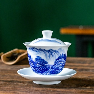 国家级大师刘培竹手绘主人杯家用陶瓷茶杯送礼 手工青花三才盖碗