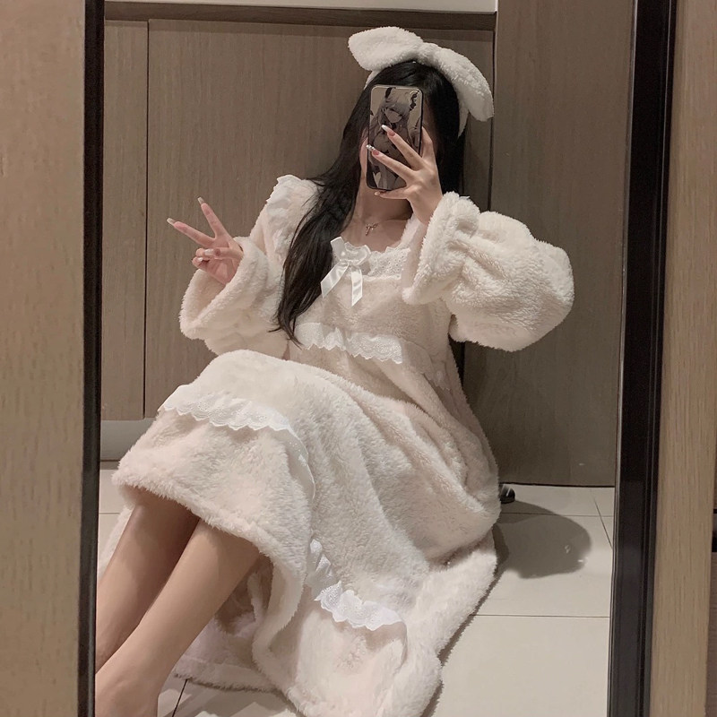 睡衣白色宫风少女蕾女秋冬季家居服睡裙加绒家居服裙子1027d
