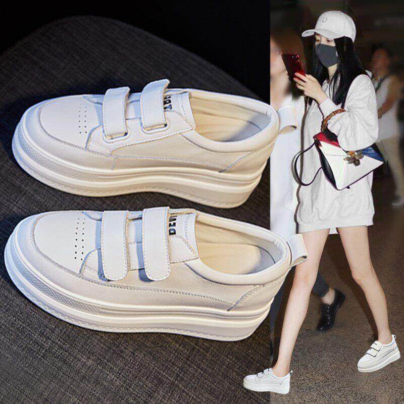 香港魔术贴小白鞋女2025早春新款百搭真皮厚底松糕休闲内增高板鞋