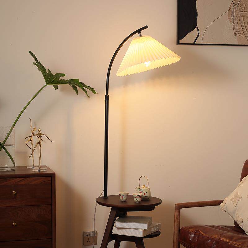 中古风落地灯客厅沙发旁边置物架摆件美式复古卧室床头柜台灯一体