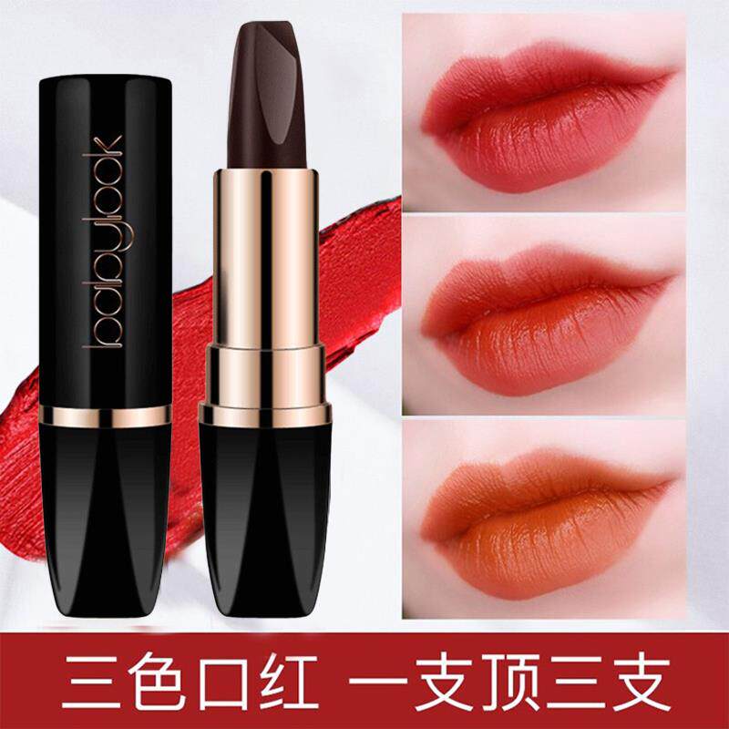 正品三色口红不易掉色沾杯黑钻盈润滋润持久显色中国红阳光橙