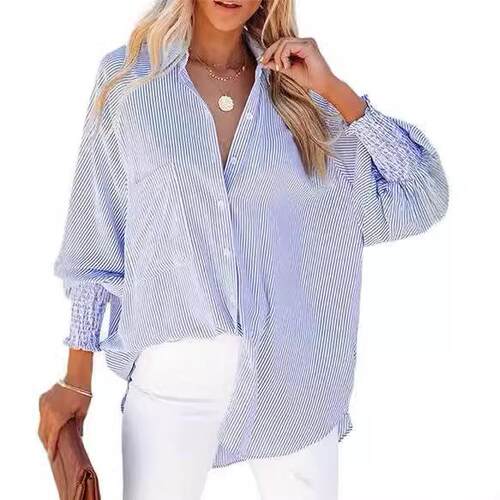 Women'S Striped Button Front Shirt With Pockets, Casual