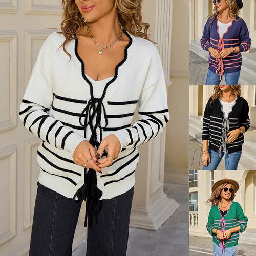 Tie rope cardigan striped color blocking for slimming,