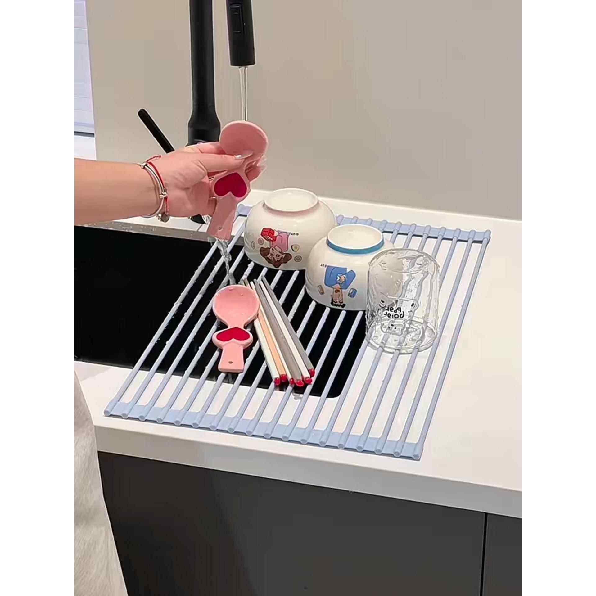 MOMO HOME硅胶沥水架厨房多功能置物架水槽卷帘碗筷架不锈钢折叠