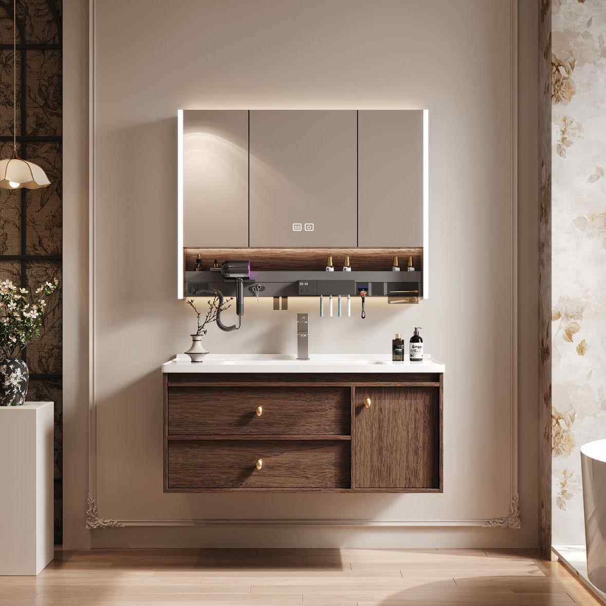 新款中古风蜂窝铝浴室柜组合卫生间加深一体陶瓷洗漱台风水镜柜