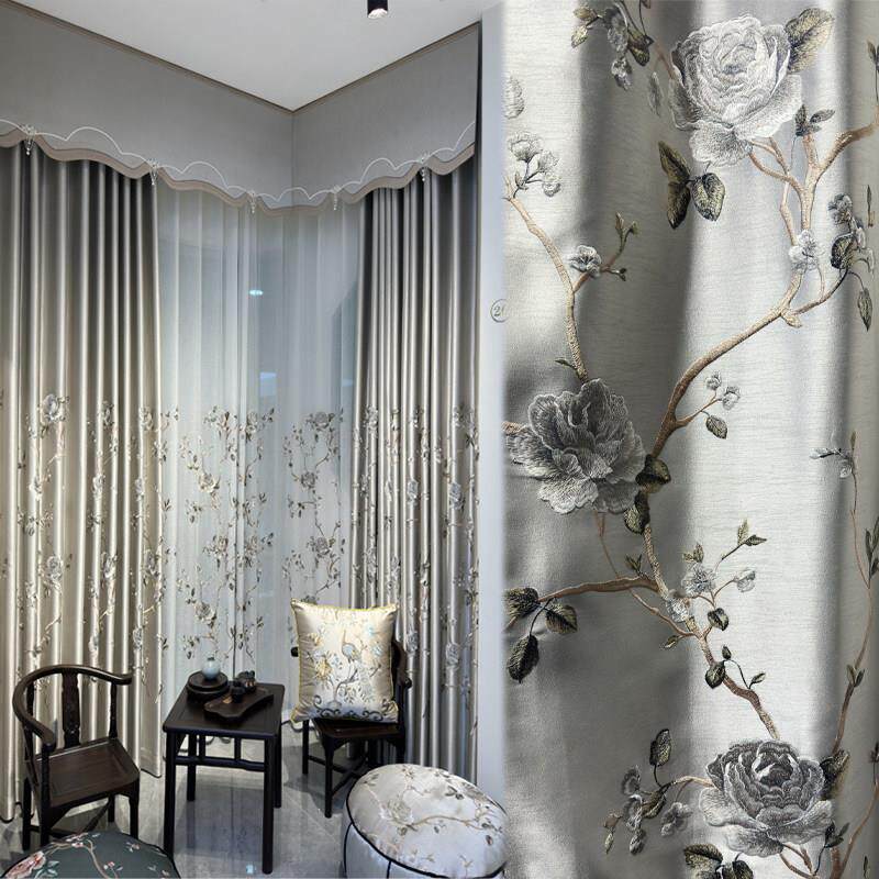 新中式透气遮光窗帘客厅卧室爆款别墅高档仿真丝绣花落地窗中国风