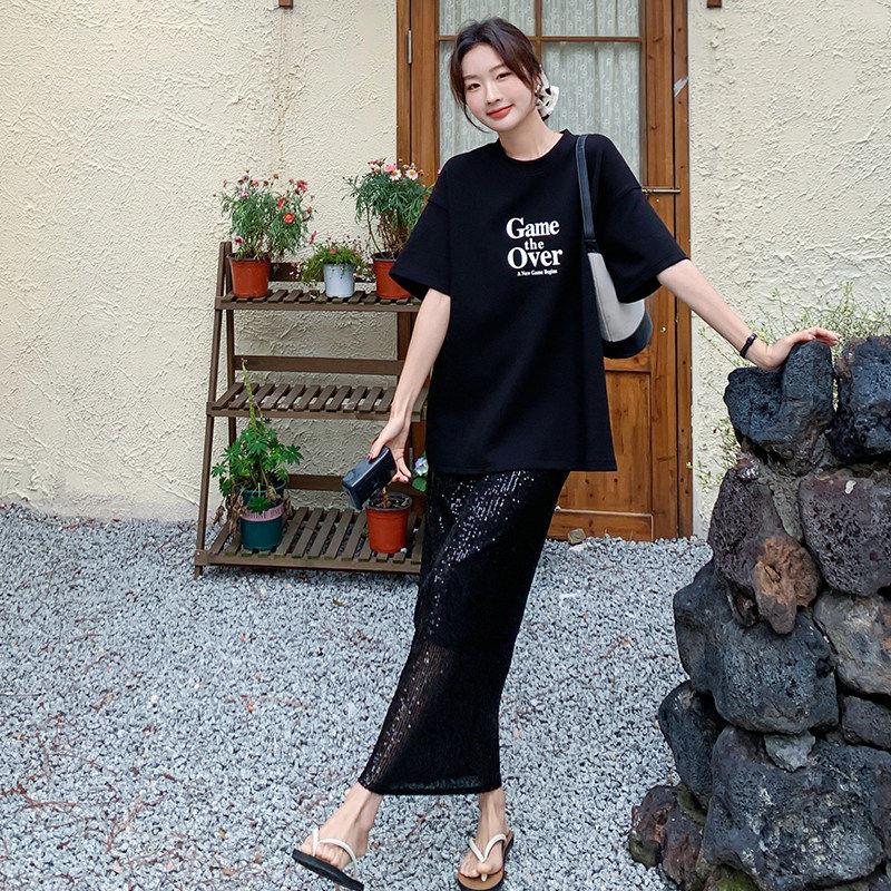 LILY MOST夏新款减龄女黑色高级字母印花短袖上衣半身裙两件套装