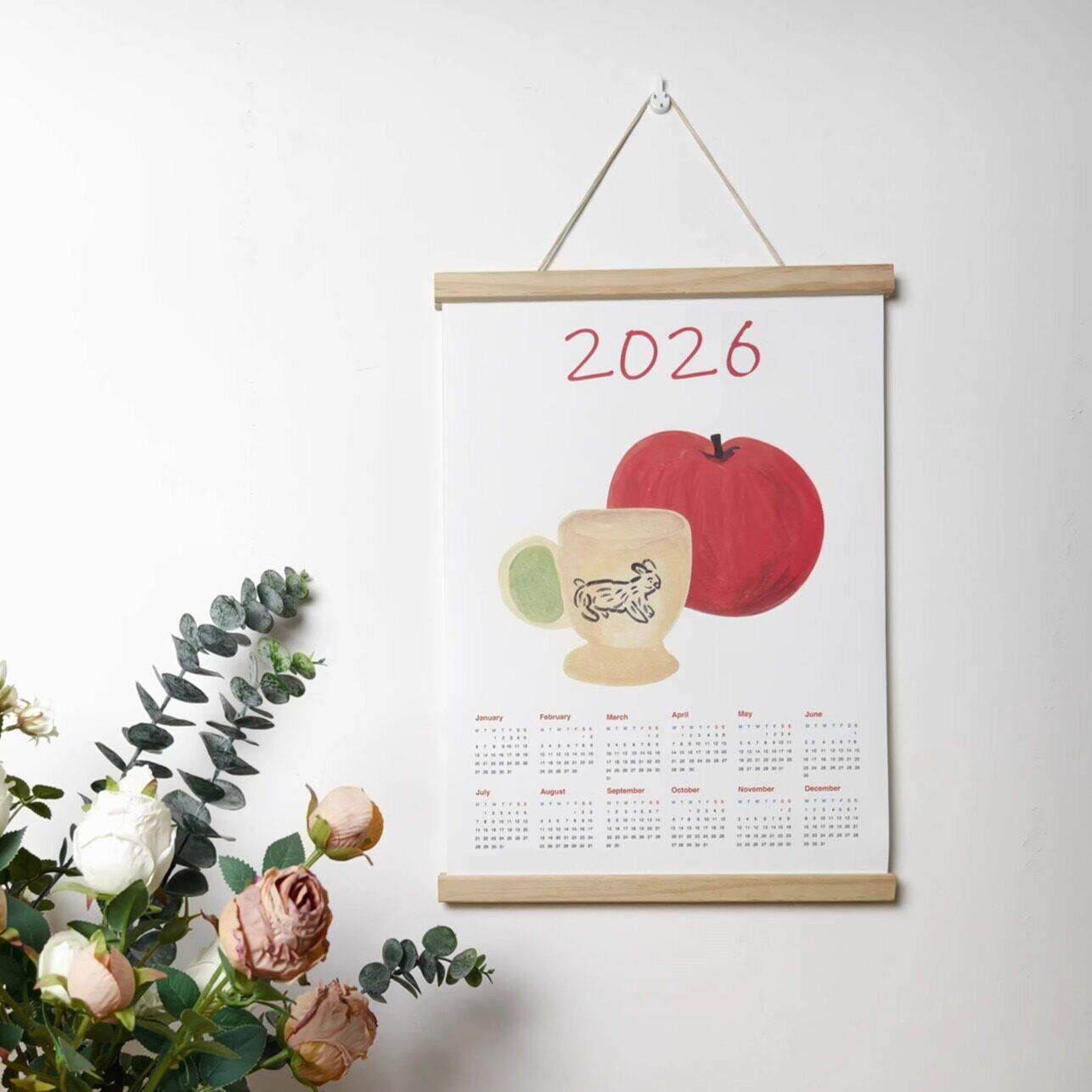原创2025年年历韩国手绘卡通儿童房床头挂画实木挂轴画装饰画定制