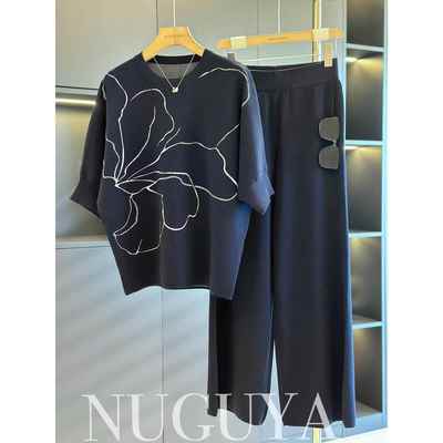 时尚休闲冰丝套装女中老年2025秋装新款气质百搭妈妈装针织两件套