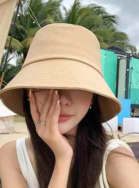 黑色渔夫帽子女春夏季遮脸显脸小防晒水桶深顶盆帽大头围鱼夫旅游