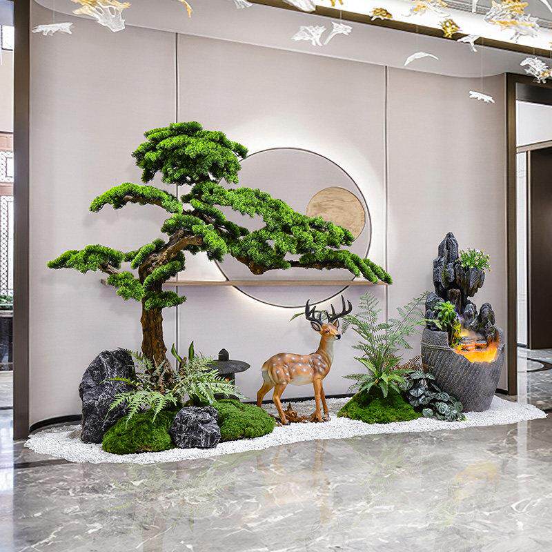 别墅仿真迎客松流水假山石绿植造景摆件公司玄关植物装饰景观布置