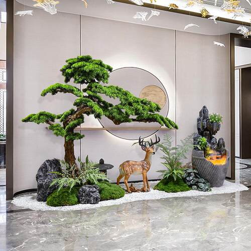 别墅仿真迎客松流水假山石绿植造景摆件公司玄关植物装饰景观布置