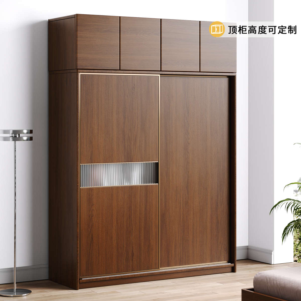 全实木衣柜推拉门橡木家用卧室大衣橱移门简约胡桃色小户型挂衣柜