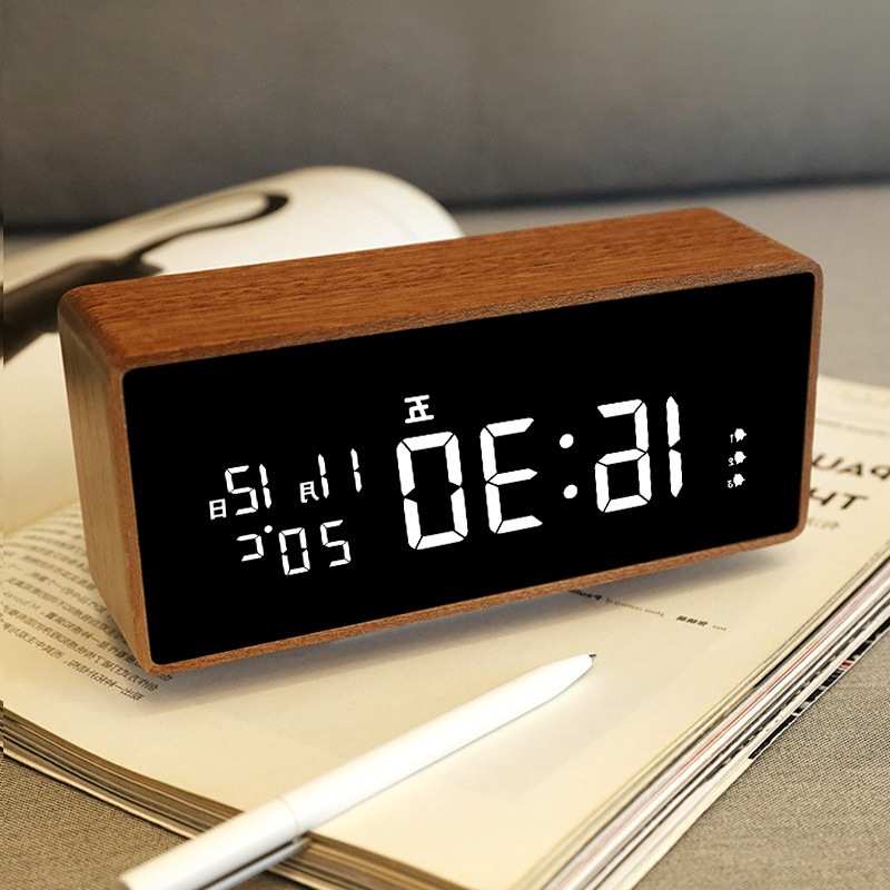 智能数字电子时钟桌面摆台式摆放日历钟表客厅电视柜木质闹钟