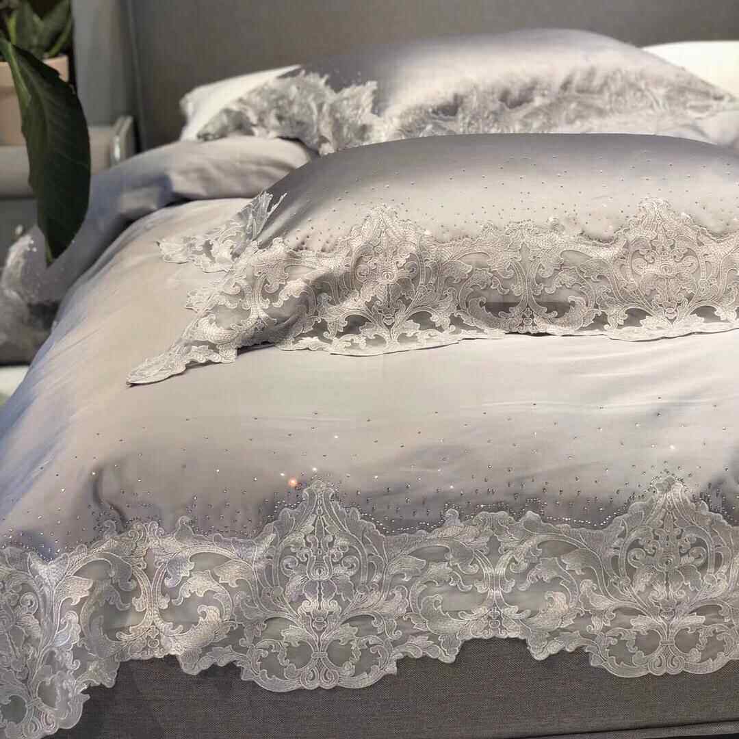 高档高端120支高精密长绒棉蕾丝花轻烫钻公主风纯棉边灰色四件套2