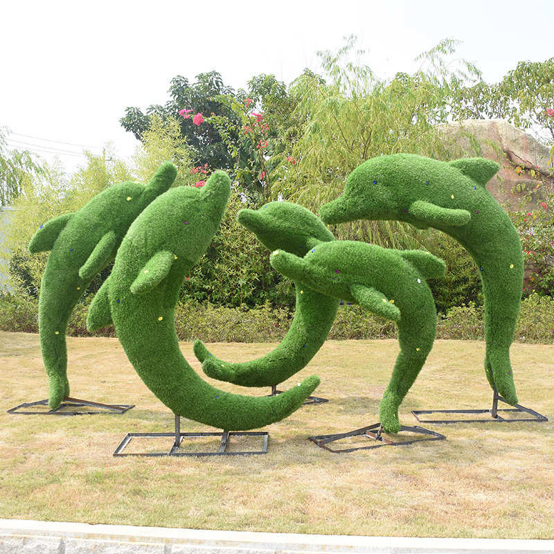 户外仿真绿植草皮植绒海豚雕塑玻璃钢动物摆件公园景观小区装饰品