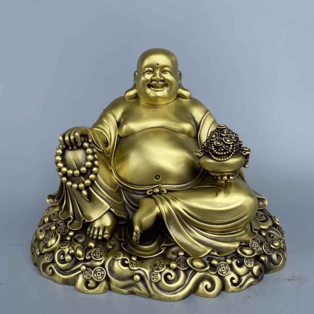 纯铜弥勒佛摆件铜大肚笑佛招财像钱袋元宝坐龙椅供奉车载家居铜像
