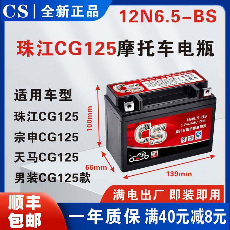YT6.5-BS摩托车电瓶ZJ125珠江王钱江豪江飞鹰天马宗申CG125蓄电池