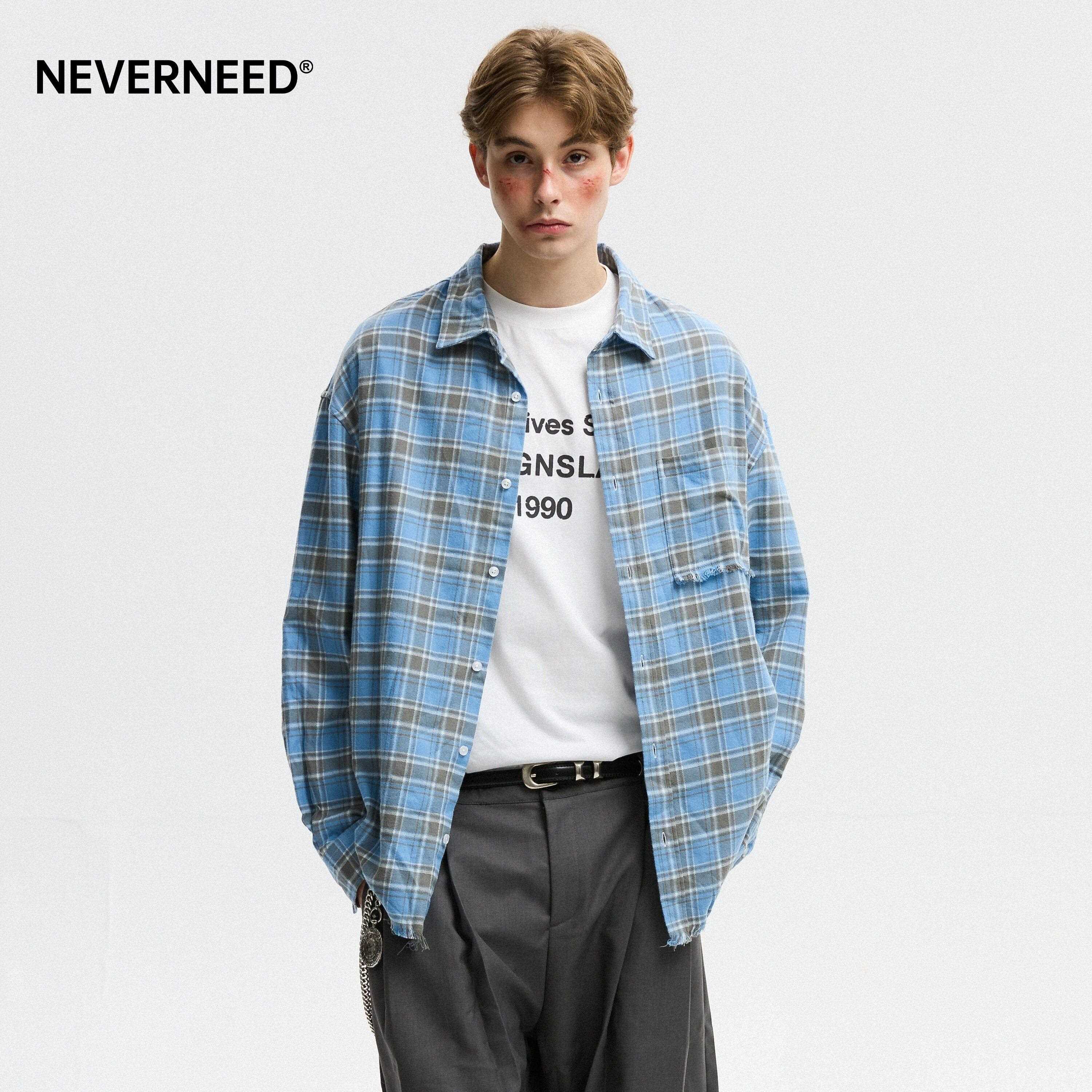 NEVERNEED纯棉毛边格子衬衫男女秋季美式潮牌情侣装上衣长袖衬衣图片