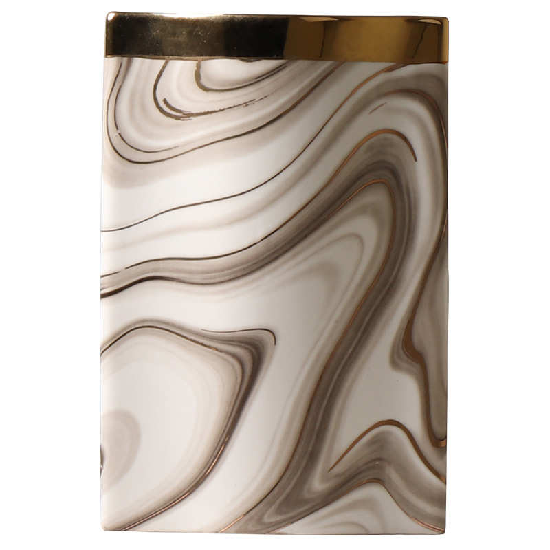 新中式贴花陶瓷花瓶样板房轻奢电镀大理石纹插花扁瓶客厅创意摆件