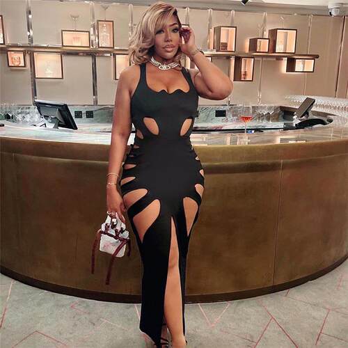 Women's hollowed out low neck, high waist, hip bag, slit