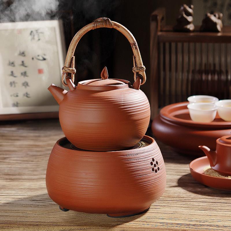 潮汕工夫泡茶炉黑晶炉煮茶器 紫砂提梁壶红泥烧水壶潮州薄胎砂铫