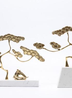 新中式现代禅意黄铜松树摆件 适用客厅茶室软装饰品 酒店样板间装