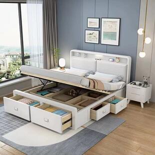床头充储电816#实木床白色现简约主卧双人床气屉压收纳代高箱抽物