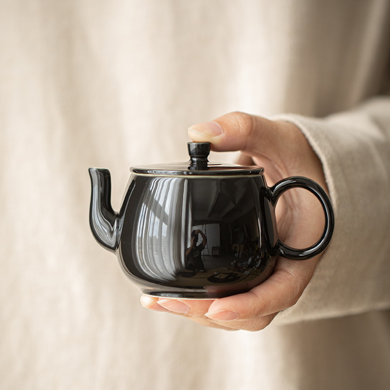 草木祠 中式陶瓷茶壶家用功夫茶具旅行沏茶壶 玄黑釉过滤泡茶器