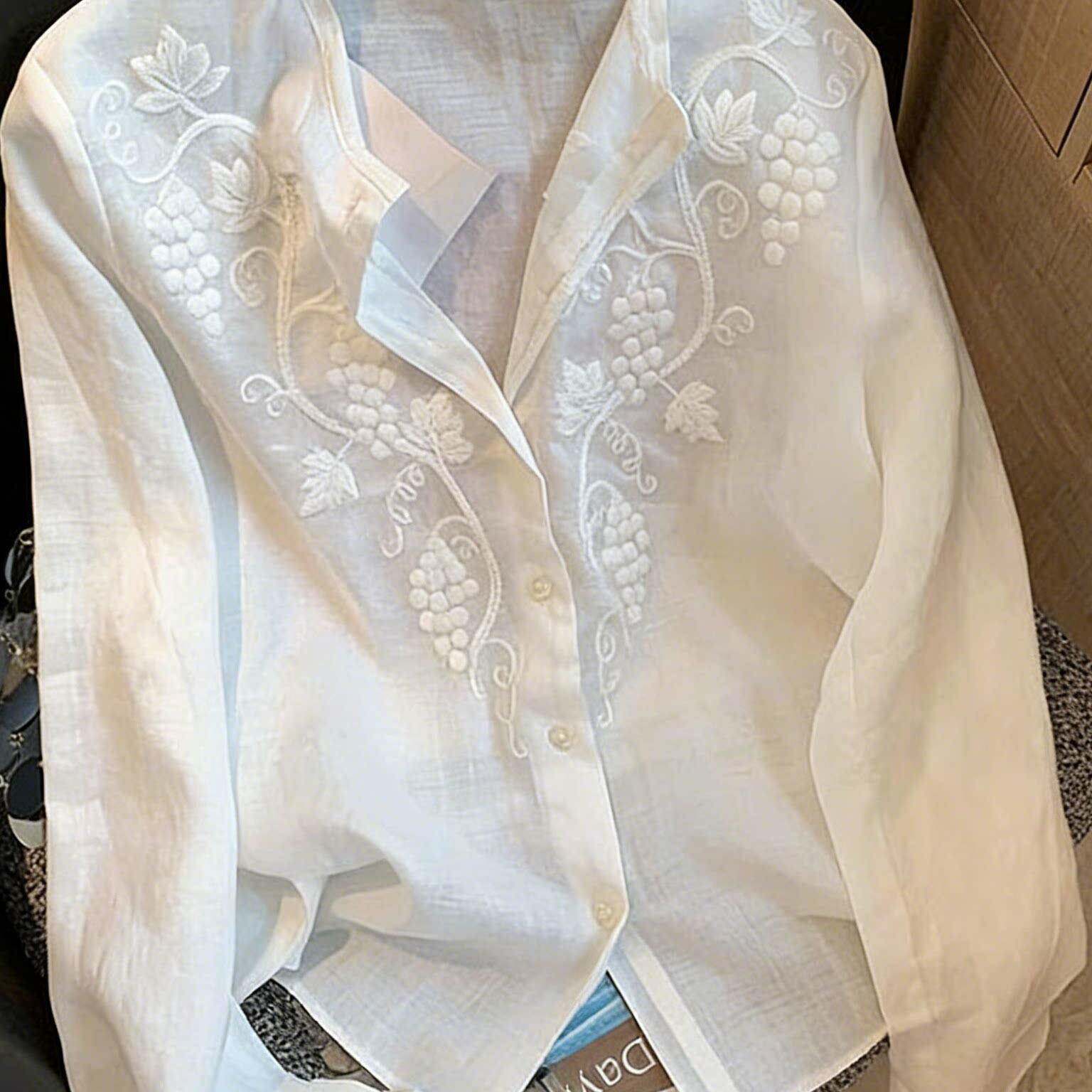 ROUJE ESVIP法式白色重工刺绣衬衫女长袖宽松休闲气质设计感上衣