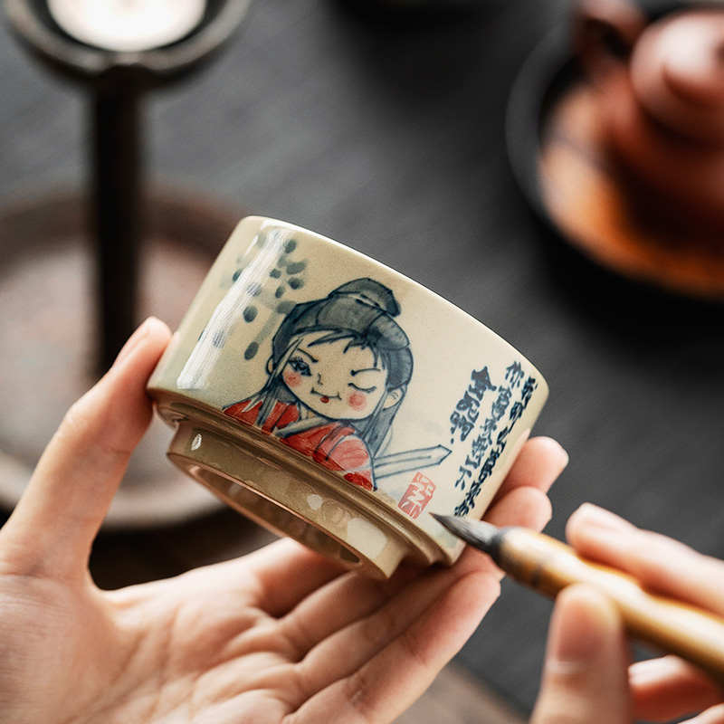 杯个人茶杯专用陶瓷手绘主人茶盏情侣功夫茶一对款草木灰高档套装