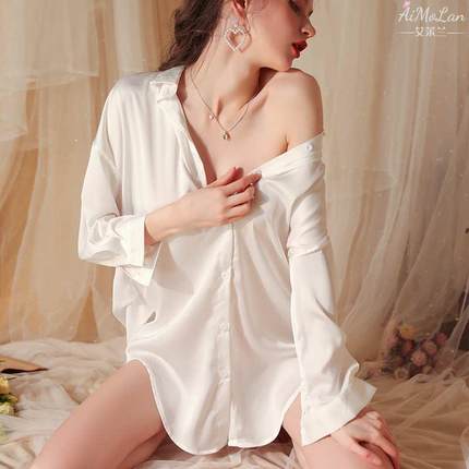 性感睡衣女2023年新款夏季冰丝v领睡裙火辣欲纯风男友风衬衫白色