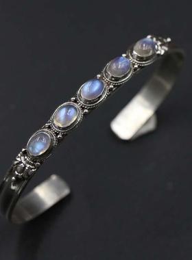 正品印尚度尼泊手工真银饰品尔欧泊月光石手镯 开口女时个性覆古