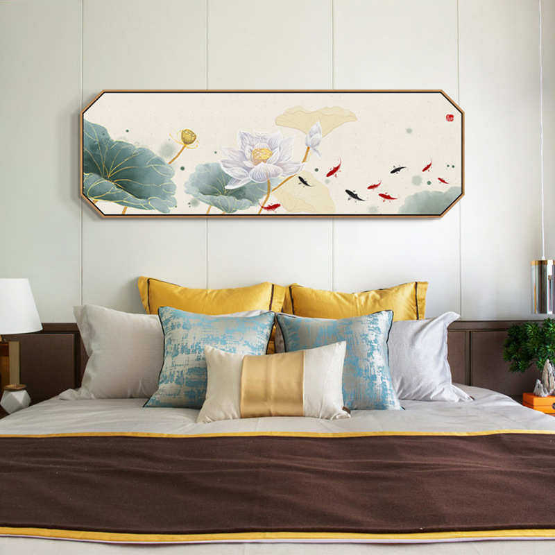 新中式客厅荷花装饰画卧室床头墙画茶室禅意沙发背景墙挂画九鱼图