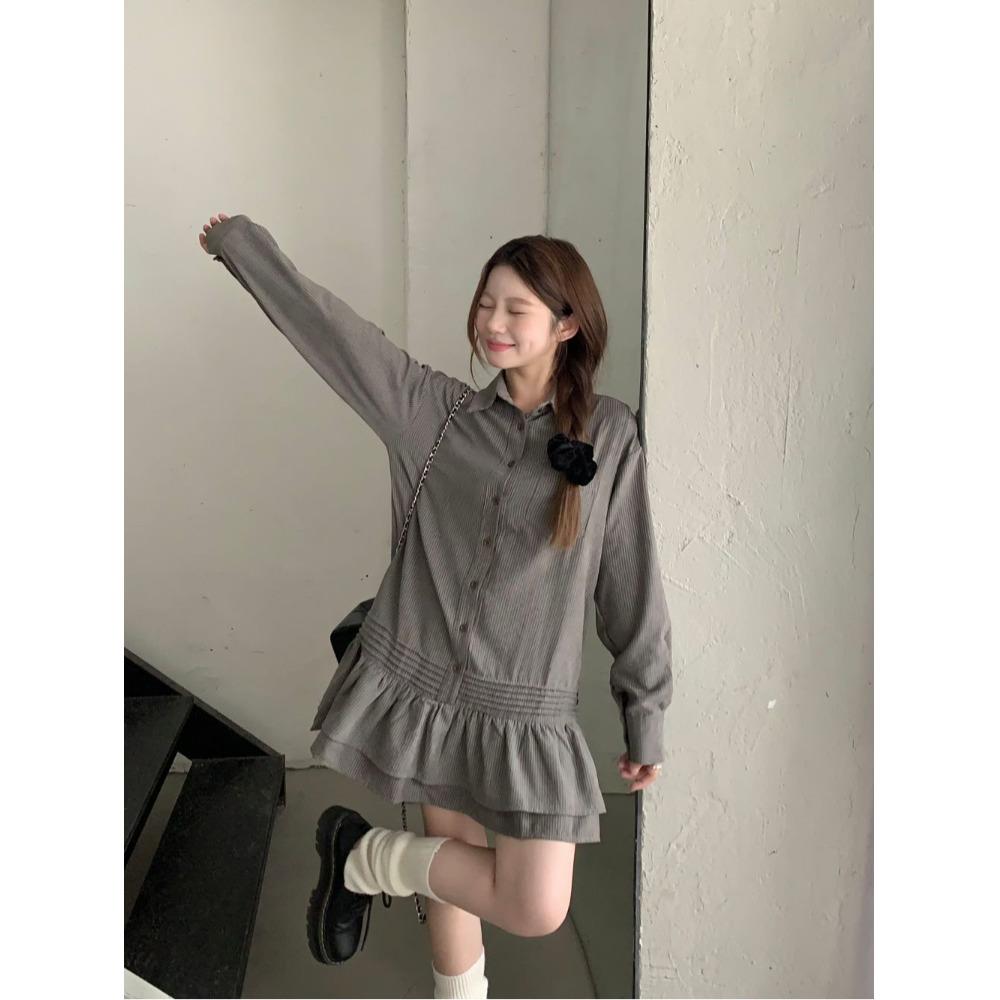 kumikumi甜美小个子减龄条纹衬衫连衣裙女早春新款宽松荷叶边短裙