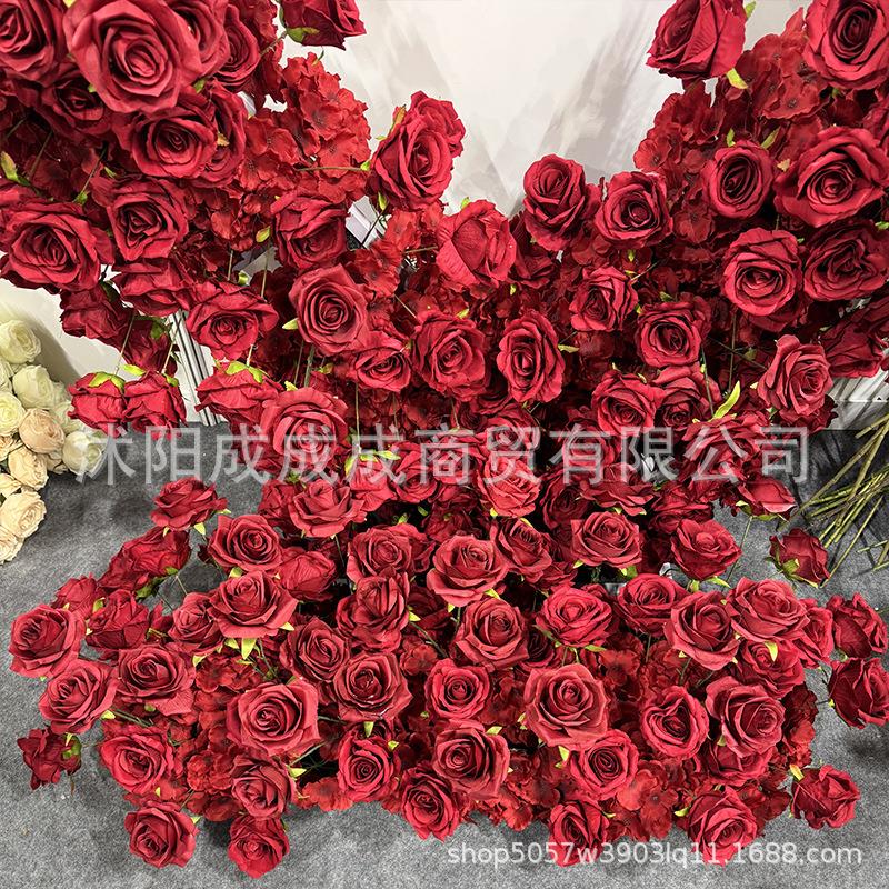 源头工厂仿真布底红色心形玫瑰拱门背景墙婚庆装饰仿真玫瑰花艺