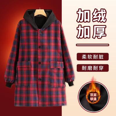 秋冬加绒罩衣女2025新款外穿保暖加厚长袖围裙厨房防污耐脏工作服