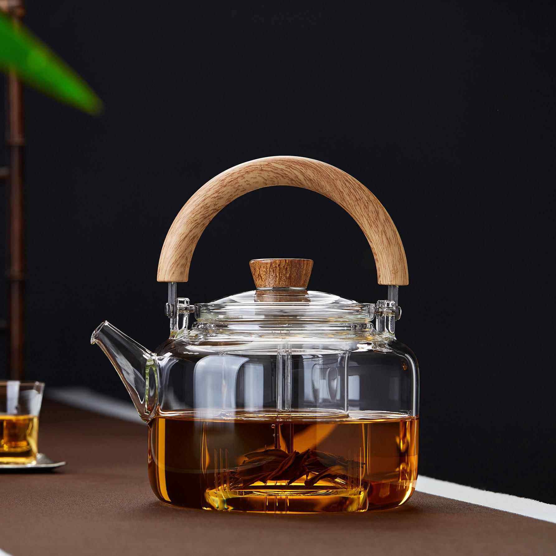 胡桃双可用玻璃茶壶木H15玻璃电陶炉用提梁壶蒸煮两用茶壶煮茶器