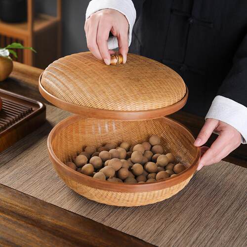 竹编带盖收纳筐水果点心篮手工竹篮编织篮子簸箕茶具收纳竹篮筐篓