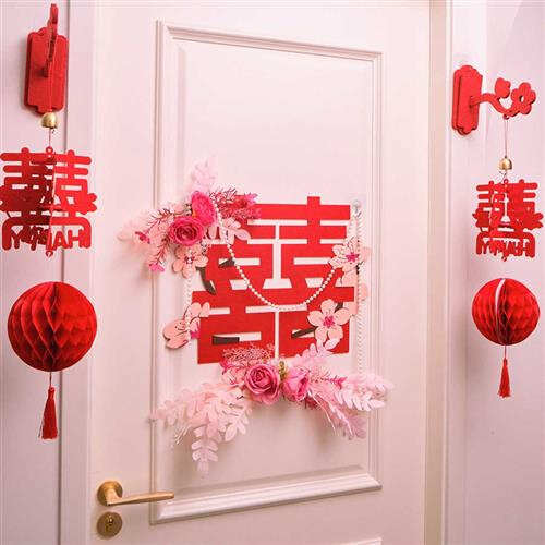 婚房喜字风铃灯笼流苏挂件桃花瓣房门卧室门布置铃铛创意装饰