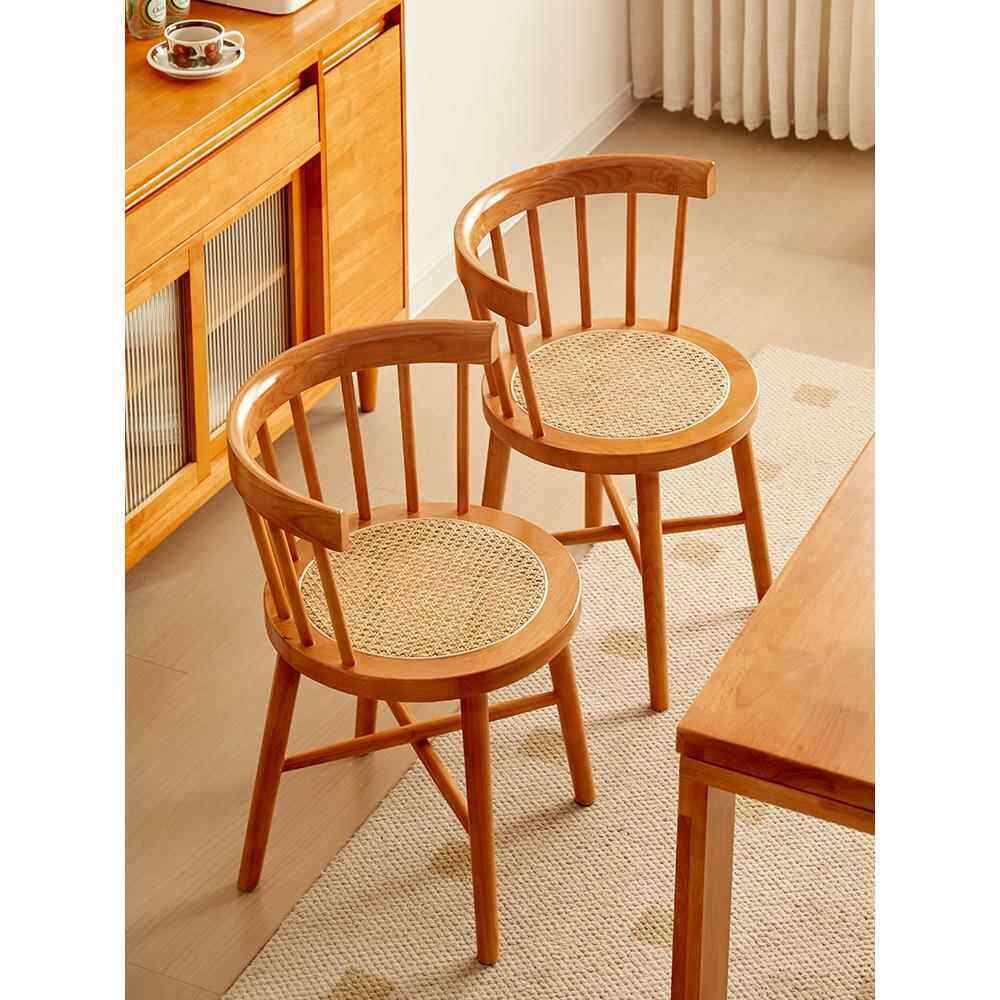 中古藤编餐椅家用实木靠背温莎椅复古餐厅餐桌椅阳台休闲圈茶椅子