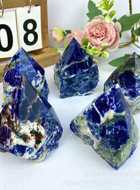 Sodalite天然晶体蓝纹石原石打磨六棱面单尖装饰石家居消磁能量
