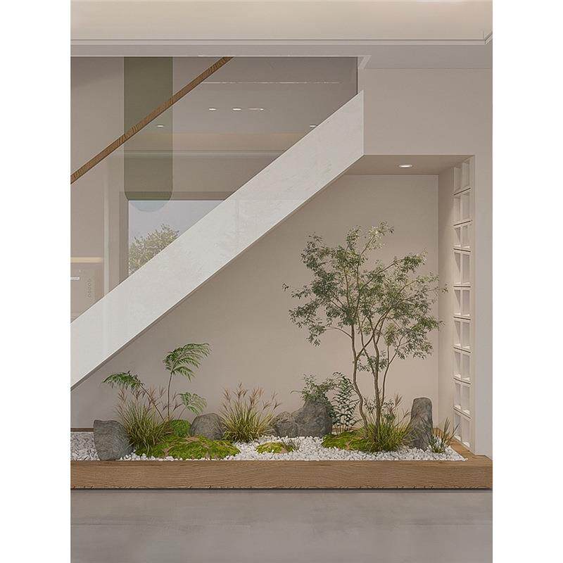 青火楼梯下造景微景观真绿植装饰软装设计鸡爪槭大型假树植物